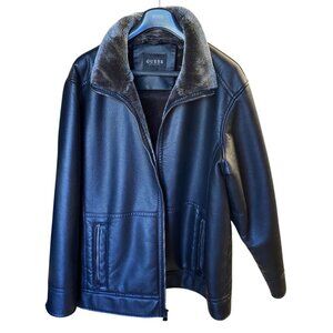 Guess Mens Leather Jacket With Faux Fur Collar Black Size 3XLT CB01 T